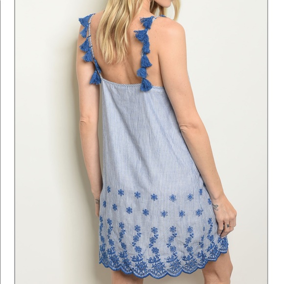 New Blue Embroidered Spaghetti Strap Tassel Dress - Picture 2 of 8